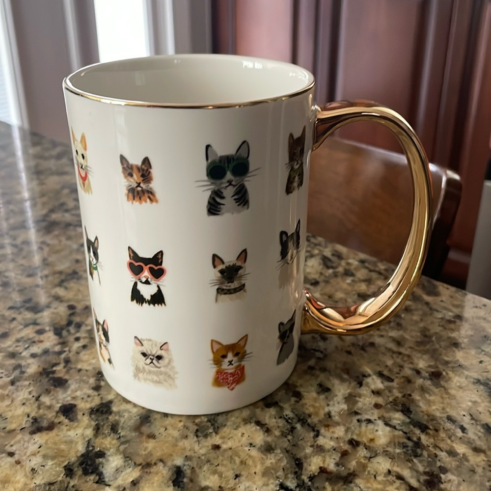 Anthropologie Rifle Paper Co. Whimsical Cat Mug With Gold Handle
